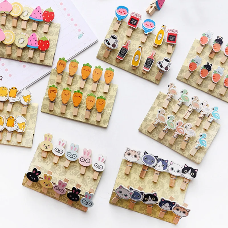 10Pcs/Lot Colored Mini Wooden Clips Office Supplies Cartoon Craft Memo Clip DIY Paper Photo Decoration With 1M Hemp Rope Gift