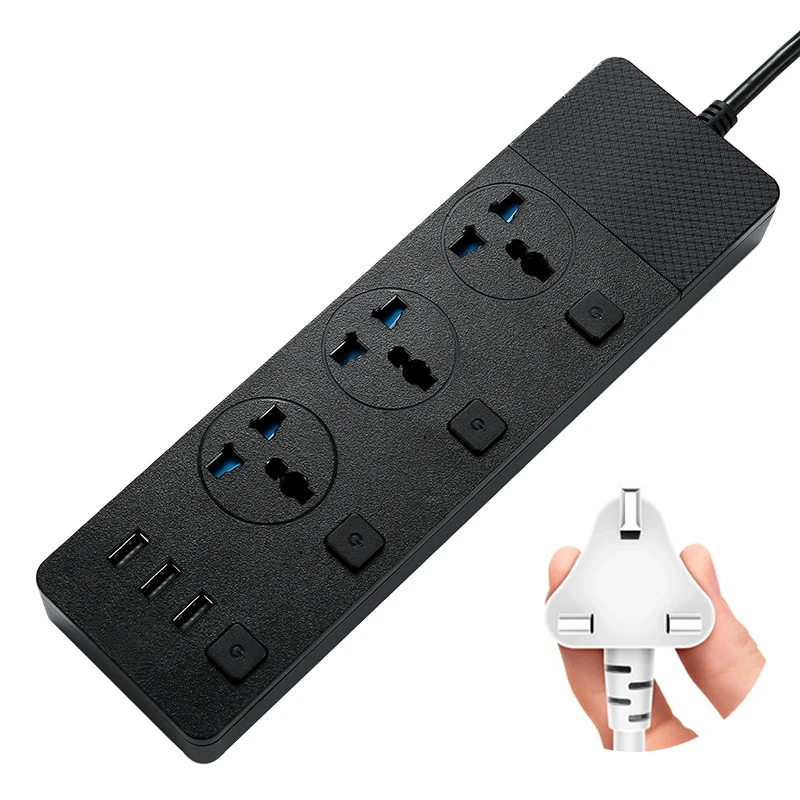 EU/UK /US  Plug Power Strip 3 USB Port Charger Socket ,3000WMultiple Portable Travel Plug Adapter 2M Extension Cord Socket