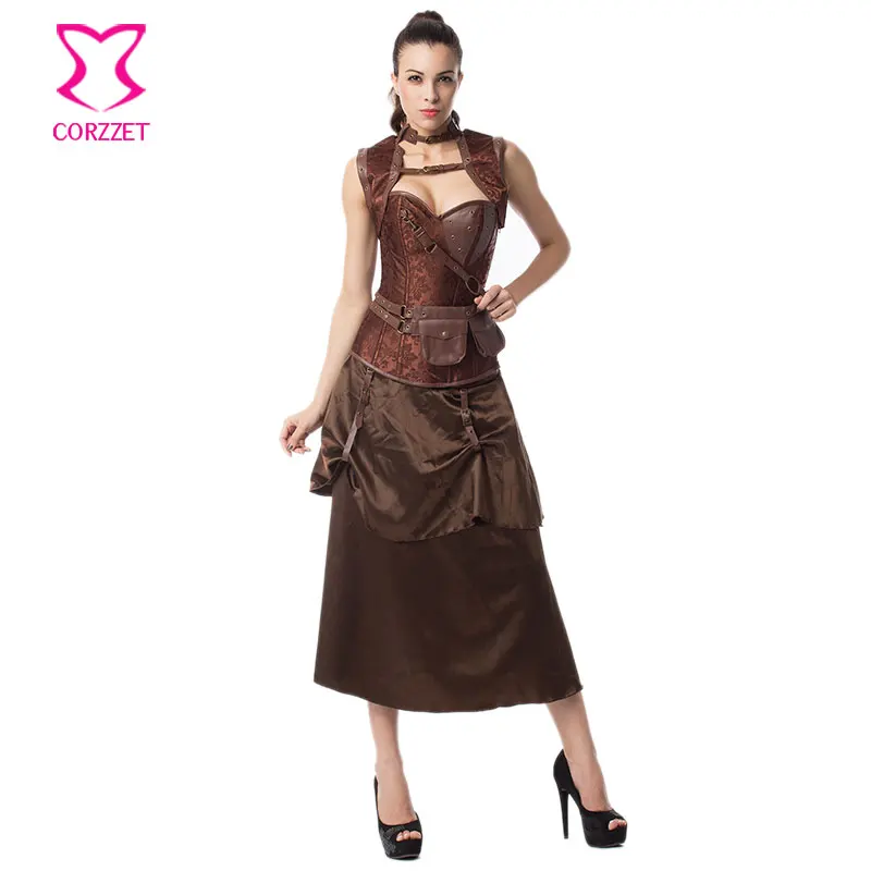 

Brown Steel Boned Steampunk Corset Dress Gothic Corsets And Bustiers Vintage Burlesque Costume Corselete Feminino Espartilhos