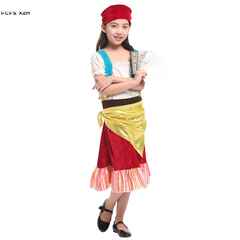 M-XL Girls Halloween Gypsy Costumes Kids Children Tarot Diviner Augur Cosplay Carnival Purim Stage Role Play Showing Party Dress