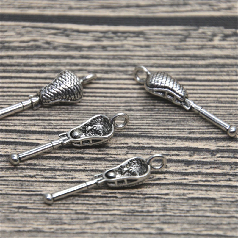 6pcs Lacrosse stick Pewter Charm Antique Tibetan Silver Tone Lacrosse hockey pendant 30x7x4mm