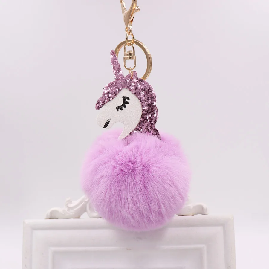 Pom Unicorn Keychain Rabbit Fur Ball Horse Key chain porte clef holder fluffy pompon Bag Car Key Ring For Women Accessories