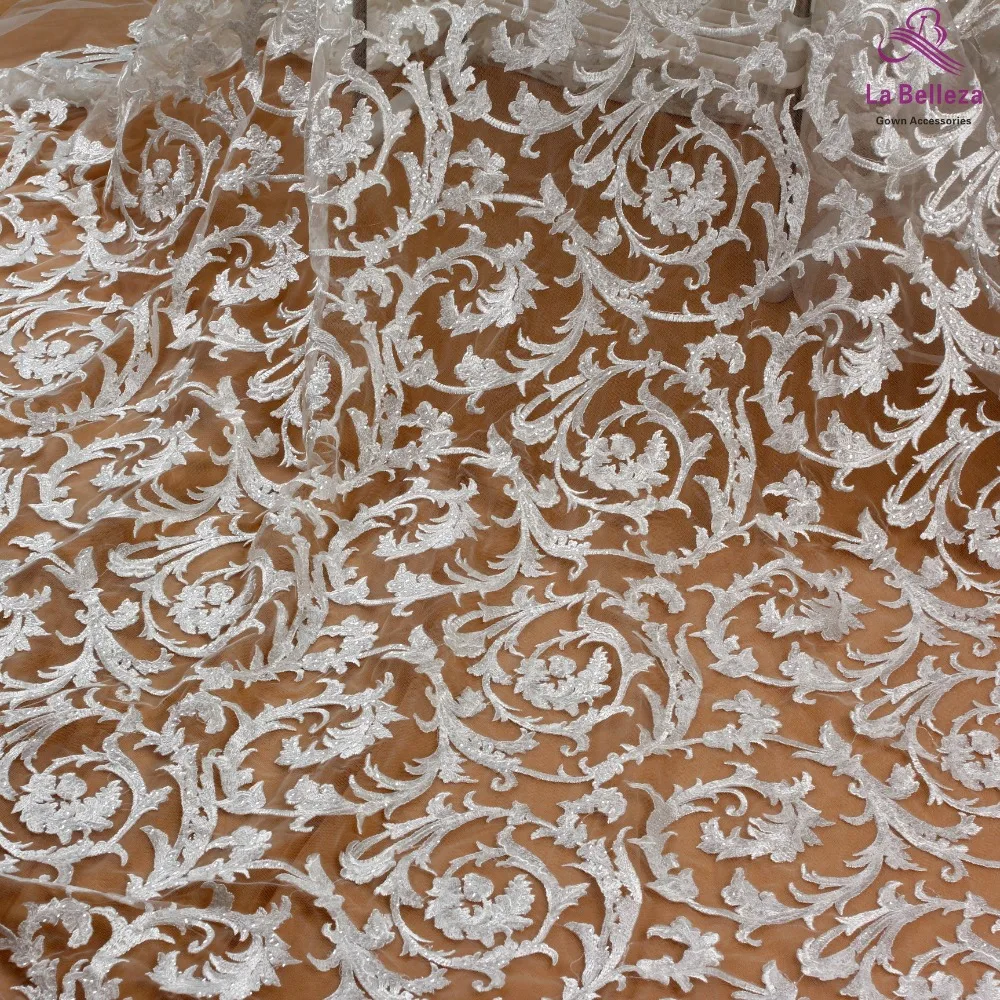 La Belleza new fashion bridal lace fabric,rayon with cleary sequins on mesh embroidery evening dress lace fabric 1 yard