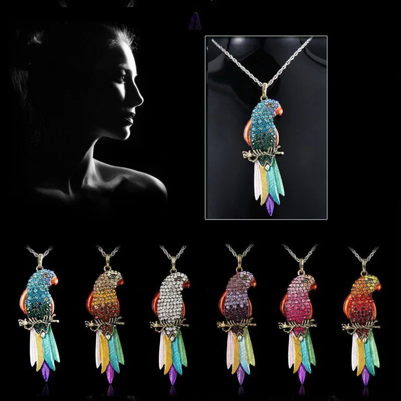 Elegant Women Crystal Parrot Pendant Alloy Necklace Long Chain Jewelry