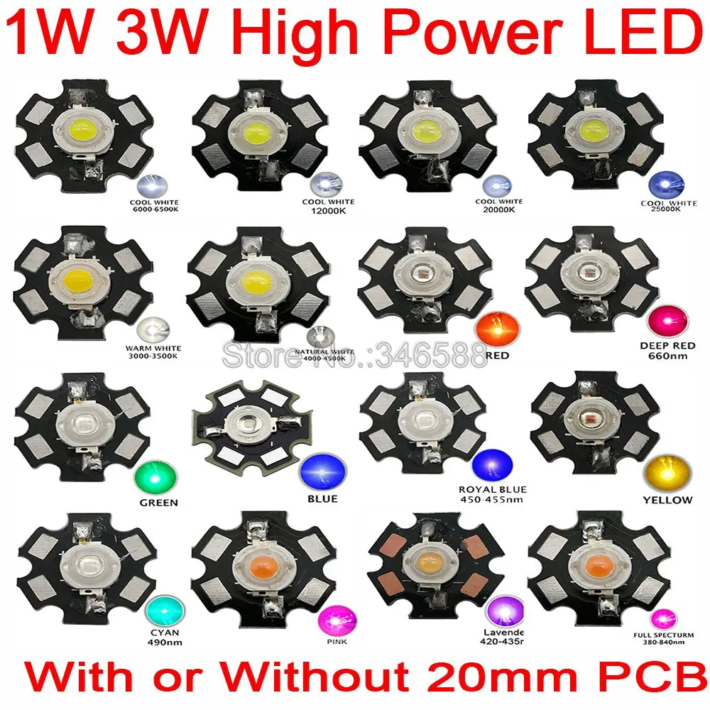 25pcs 1W 3W High Power LED Full Spectrum White Warm white Green Blue Deep Red Royal Blue Orange Pink With 20mm Black Star PCB