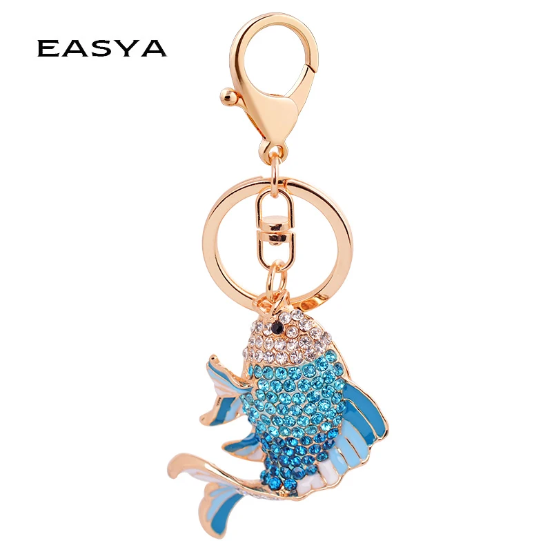 EASYA Fashion Rhinestone Cute Colorful Fish Key Ring Chain 2 Colors Pink Blue Car Keychain for Women Bags Charm CHY-2415