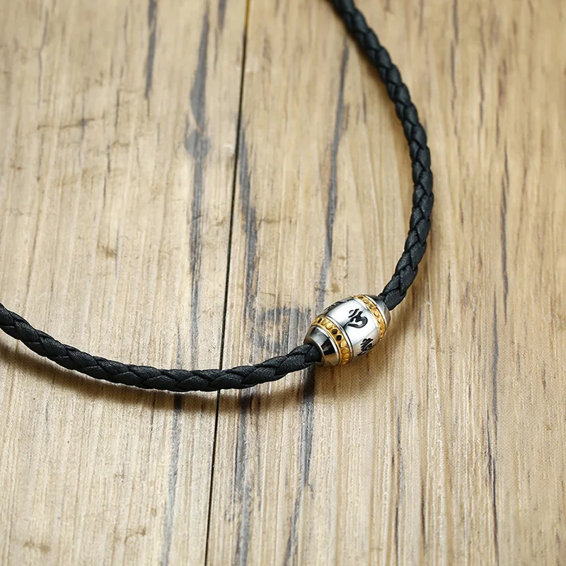 Men Necklace Black Braided Leather with Stainless Steel Beaded Choker for Men Hippie Jewelry