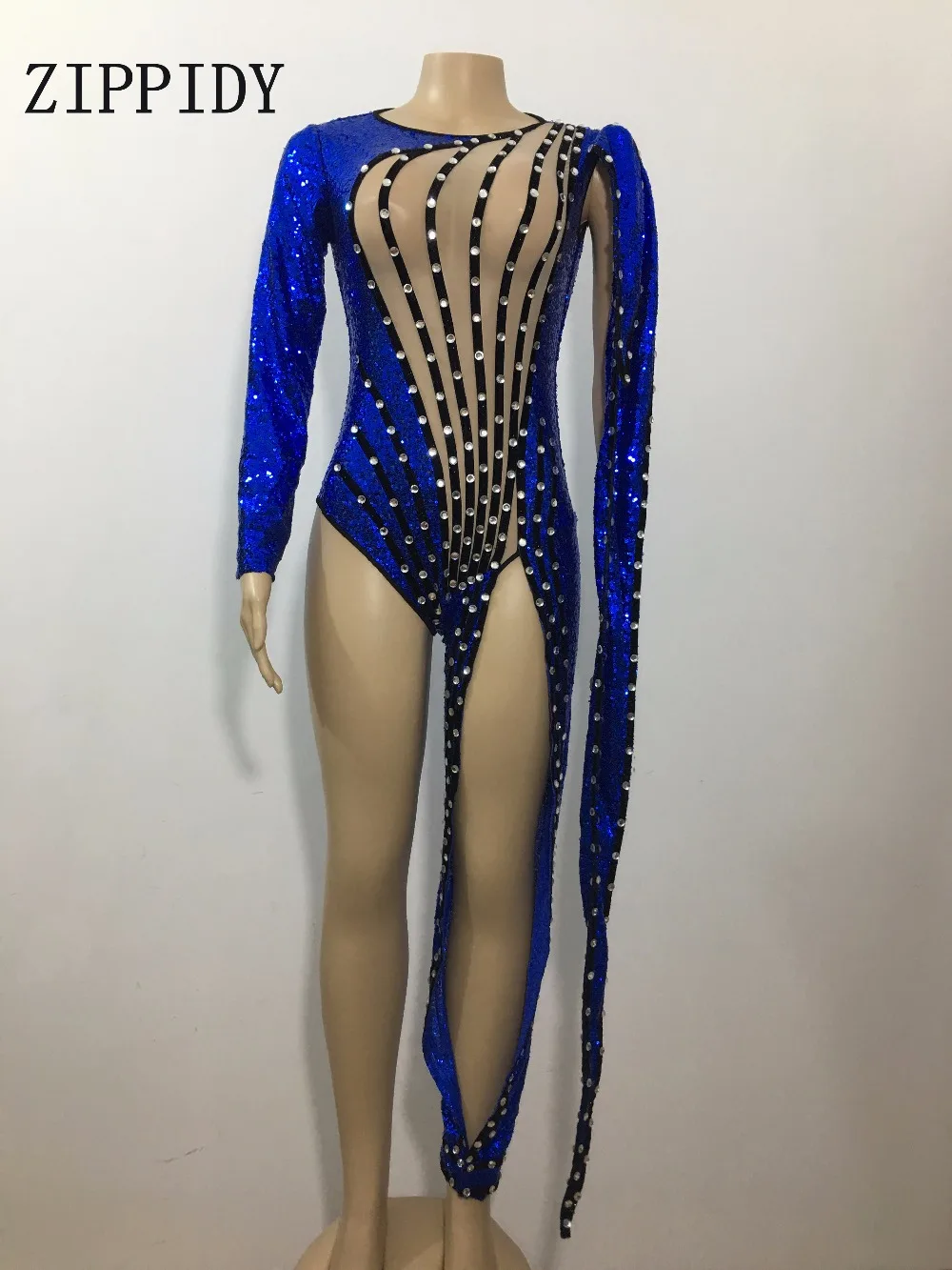 Blue Sequins Crystals Single Leg Irregular Bodysuit Beads Jumpsuit One-piece Costume Singer Dance Performance Outfit Stage Wear