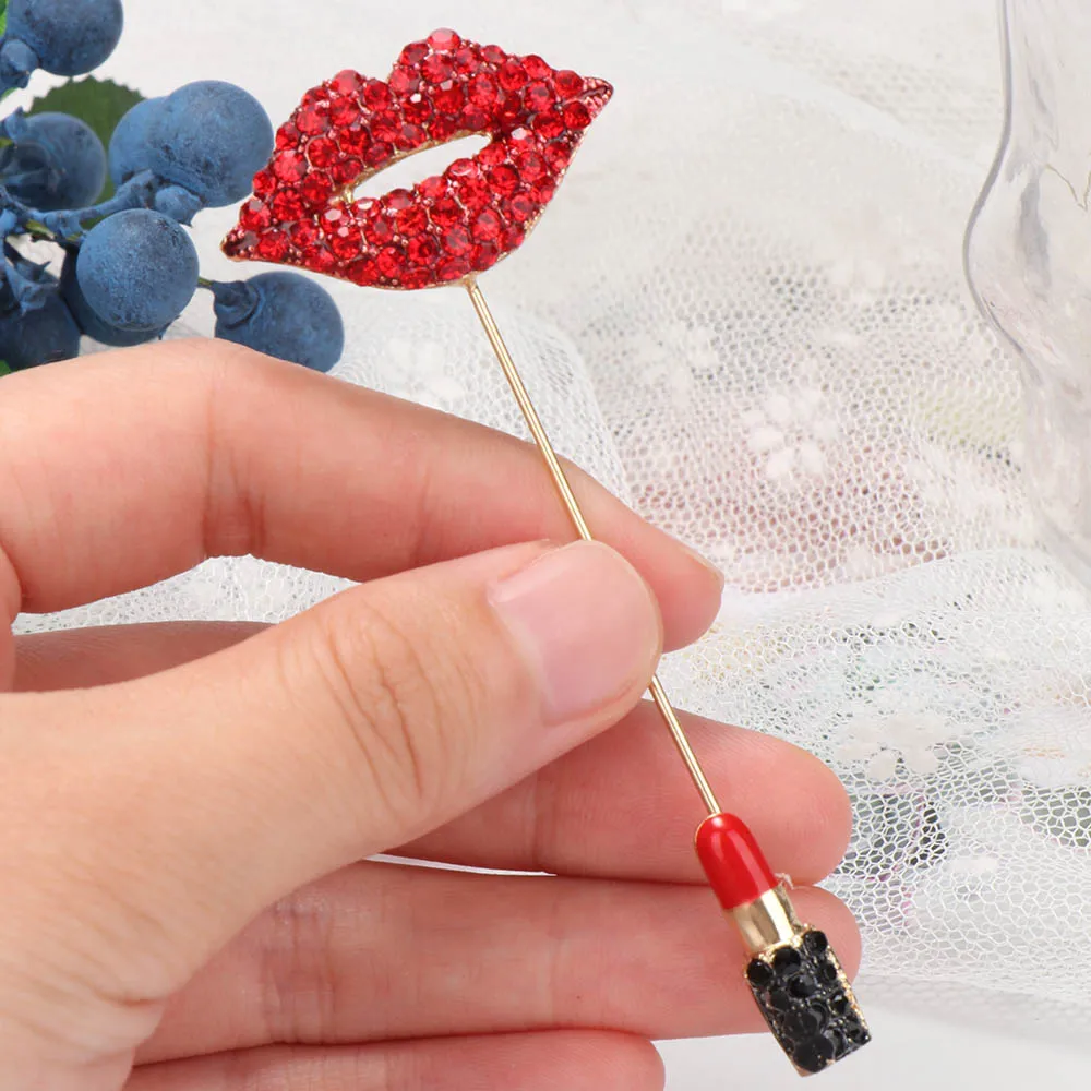 1 Pc Crystal Red Lipstick Brooches Enamel Pin For Women Jackets Accessories Rhinestone Lapel Pin Kiss Red Jewelry