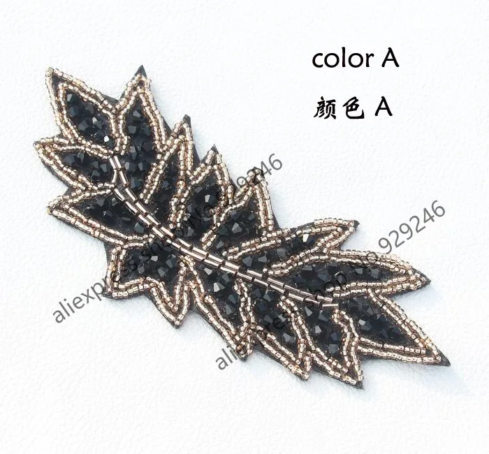 4pcs/lot fashion long leaf hand-made beaded applique black fabric-base trimmings for hairdress garment clothing embellishments