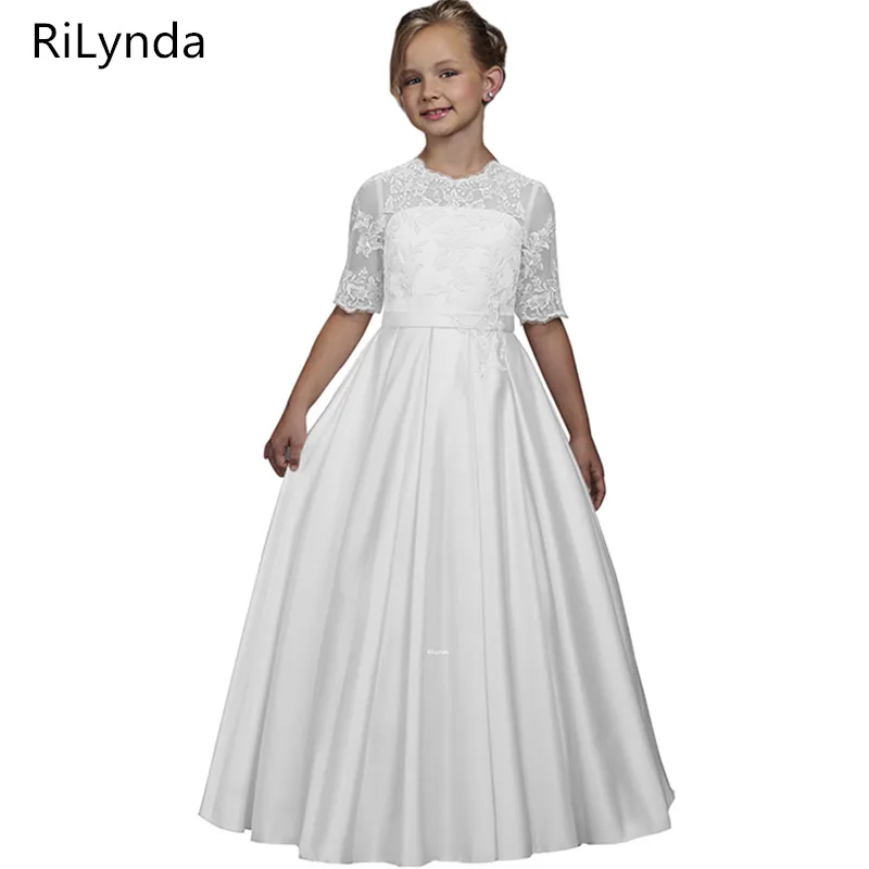 New Flower Girl Dresses for Weddings 2019 Sheer Neck Lace Ball Gown Little Girls First Communion Pageant Gowns