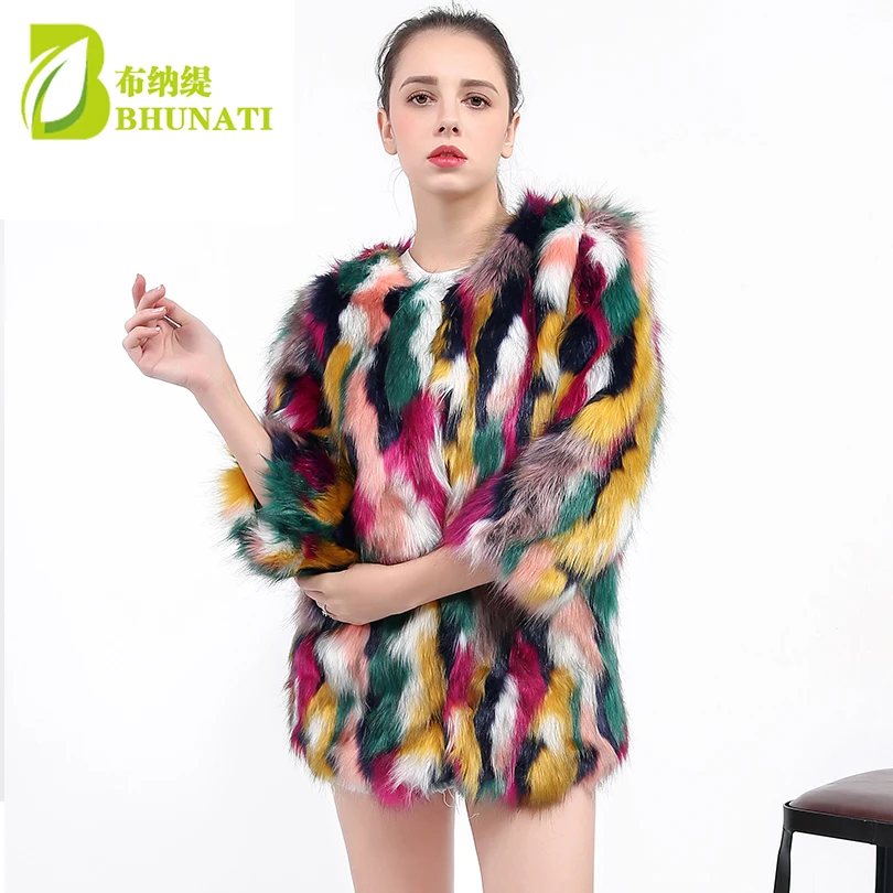 Winter Faux Fur Coat Female Colorful Elegant Faux Fur Jacket Fashion Long Sleeve Crew Neck Casual Faux Fur Jackets For Women