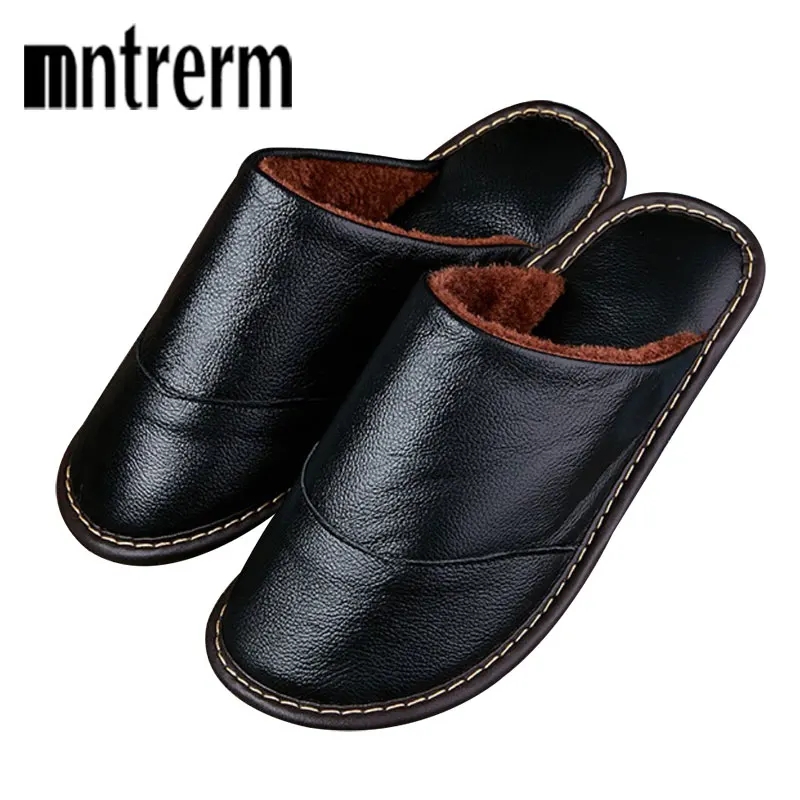 Mntrerm Men Winter Warm Home Slippers Couple Thick Plush Non-slip House Shoes Men Indoor Floor Bedroom Genuine Leather Slippers