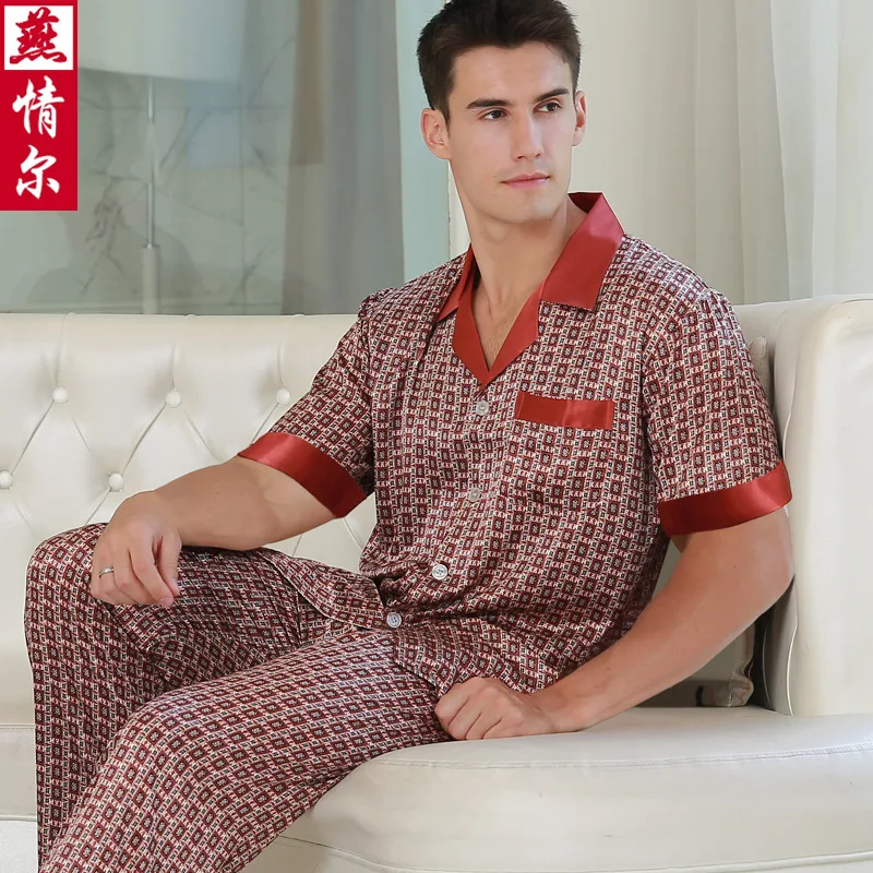 Men\'s Short Sleeve Pajamas Male Summer Homewear Men\'s Simulation Silk Nightgown Adult Silk Nightwear Home Clothing D-2176