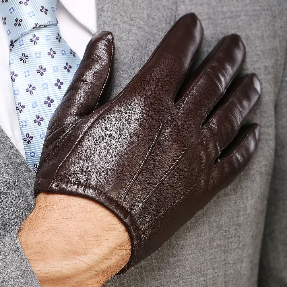 Genuine Leather Men Gloves Fashion Casual Sheepskin Glove Black Brown Five Fingers Short Style Male Driving Gloves M017PQ2