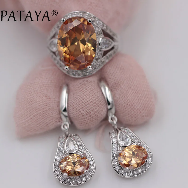 PATAYA New Multicolor Oval Natural Zirconia Earrings Ring Sets Women Romantic Wedding True White Gold Color India Jewelry Set