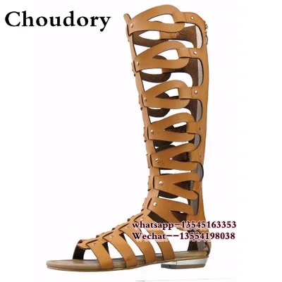 Luxury Brand Designer Knee High Gladiator Sandals Boots Cutouts Back zipper Wedges Gladiator Sandals Women Summer Flat Shoes