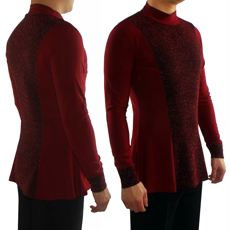 Elastic Latin Dance Shirts Male Long Sleeve Latin Top Men Ballroom Chacha Dancing Clothes Competition Performance Wear DN7016