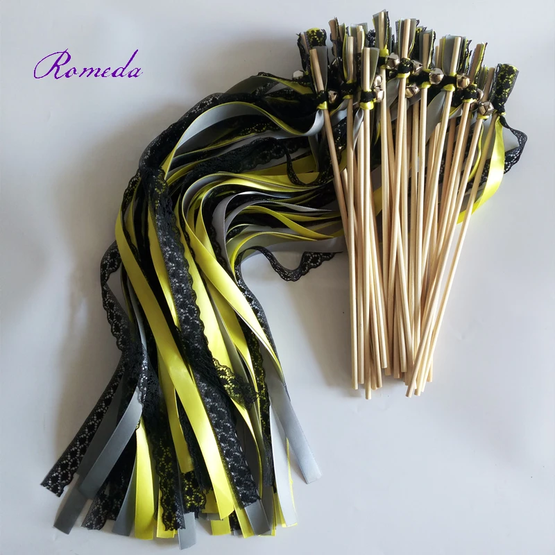 50pcs/lot Yellow grey  Wedding Ribbon Wands stick with black lace and big Bells for wedding decoration