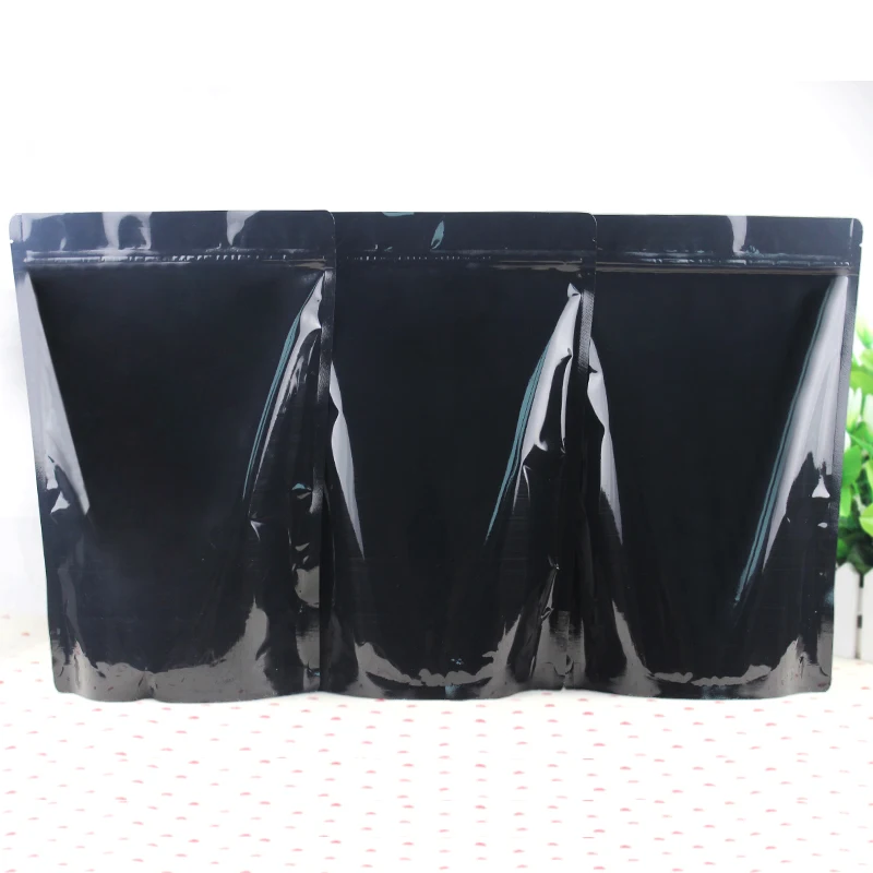 High Quality 50pcs/lot Heat Seal Zip Lock Package Bags Aluminum Foil Mylar Tear Notch Glossy Black Stand Up Bag Retail