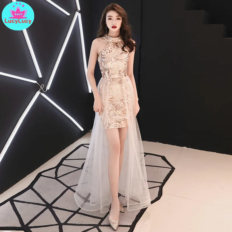 Imagen 6: Vestido pequeño dorado para mujer, sección corta, sexy, Reina, campo de gas, fiesta de cumpleaños, banquete, 2019