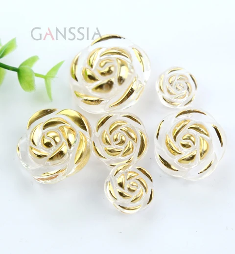 30pcs/lot Size:12.5-18mm Acrylic Transparent Rose Flower Button Gold Edge Handmade Craft Sewing Accessories (ss-68)