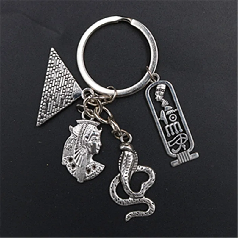 WKOUD 1pc Silver Color Cleopatra Pyramid Cobra Pendant Creative Vintage Handmade DIY Metal Jewelry Alloy Keychain