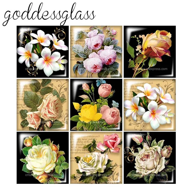 New Fashion Beauty Flowers Vintage Rose 12mm/20mm/25mm/30mm Square photo glass cabochon demo flat back Making findings