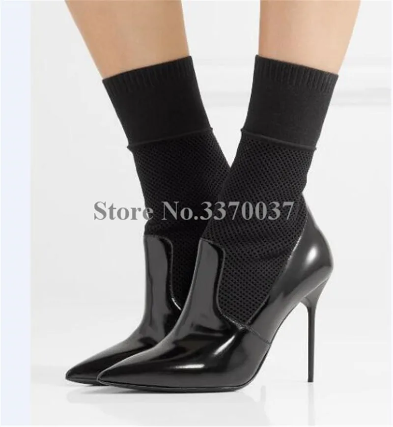 

Women Fashion Newest Pointed Toe Black Knitting Ankle High Heel Boots Bandage Thin Heel Dress High Heel Boots Ankle Booties