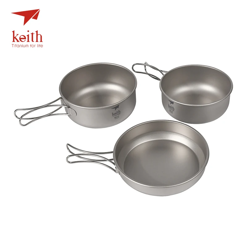 Keith 3Pcs Titanium Pans Bowls Set With Folding Handle Cook Sets Titanium Pot Set Camping Hiking Picnic Cookware Utensils Ti6053