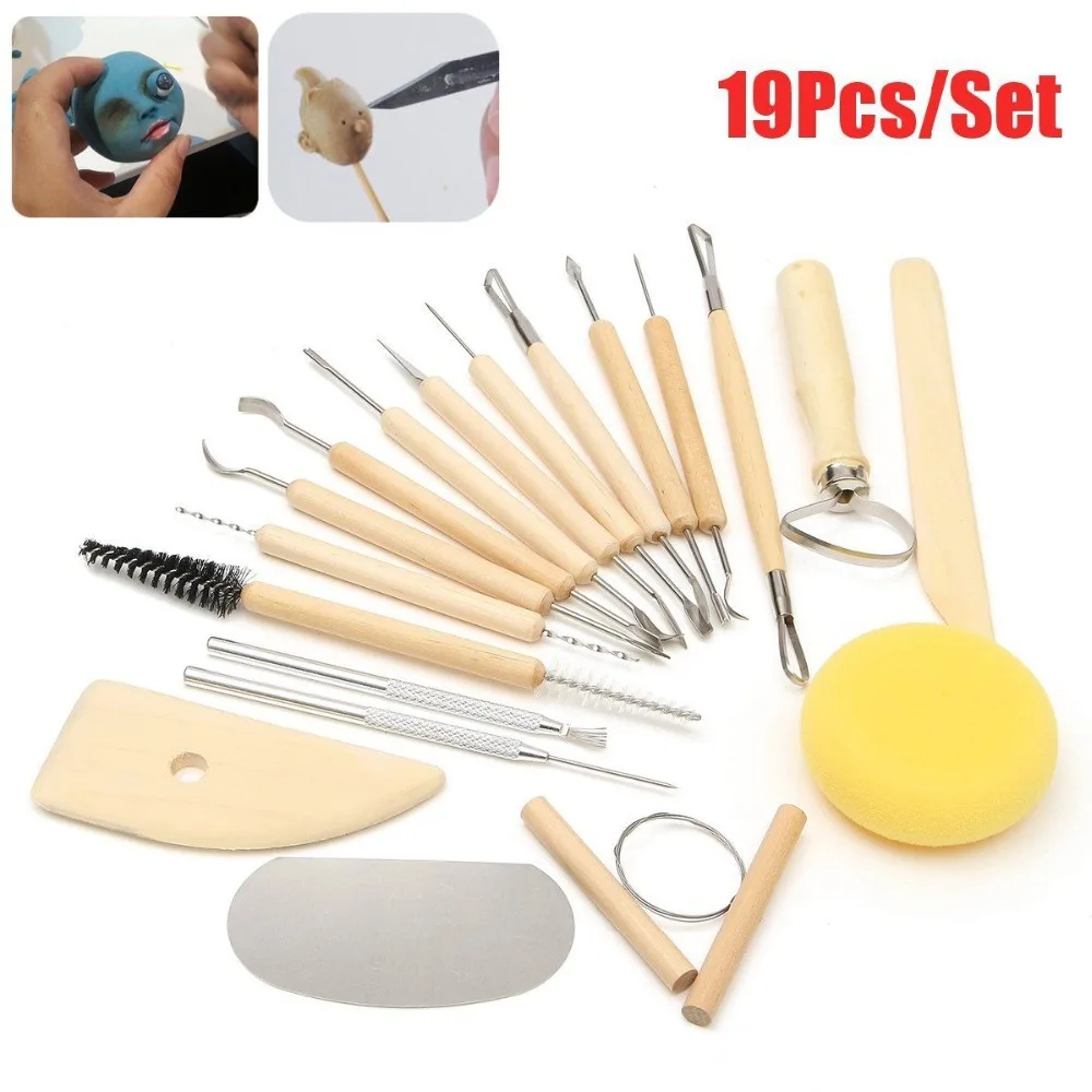 19pcs Clay Sculpting Sculpt Smoothing Wax Carving Pottery Ceramic Tools Wood Handle Set