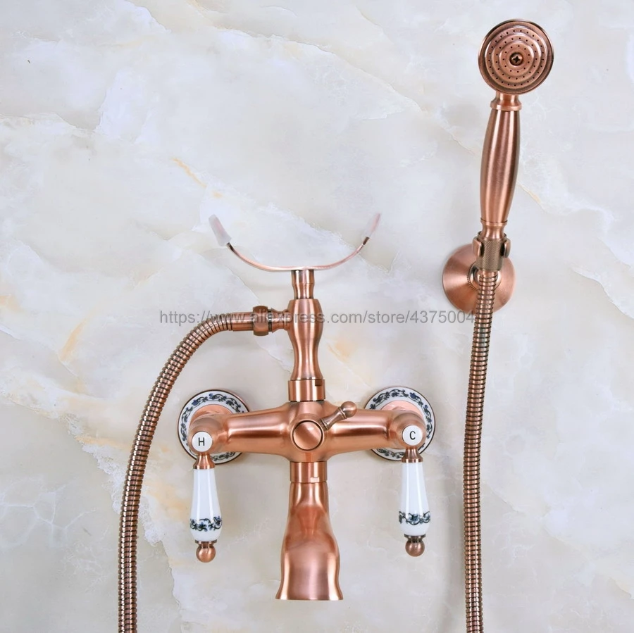 Wall mounted Bathroom Clawfoot Bathtub Shower Faucets Antique Red Copper Sink Mixer Tap Tub Faucet & Hand Shower Nna378