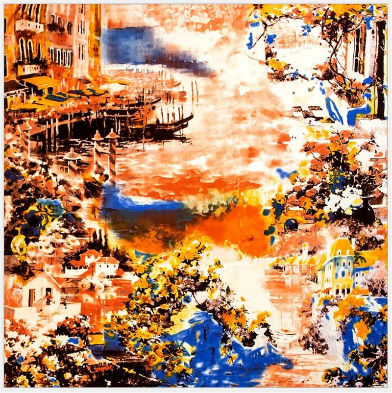 

POBING 100% Silk Scarf Women Large Shawls Oli Painting Village Print Stoles Square Bandana Luxury Kerchief Female Foulards 130CM