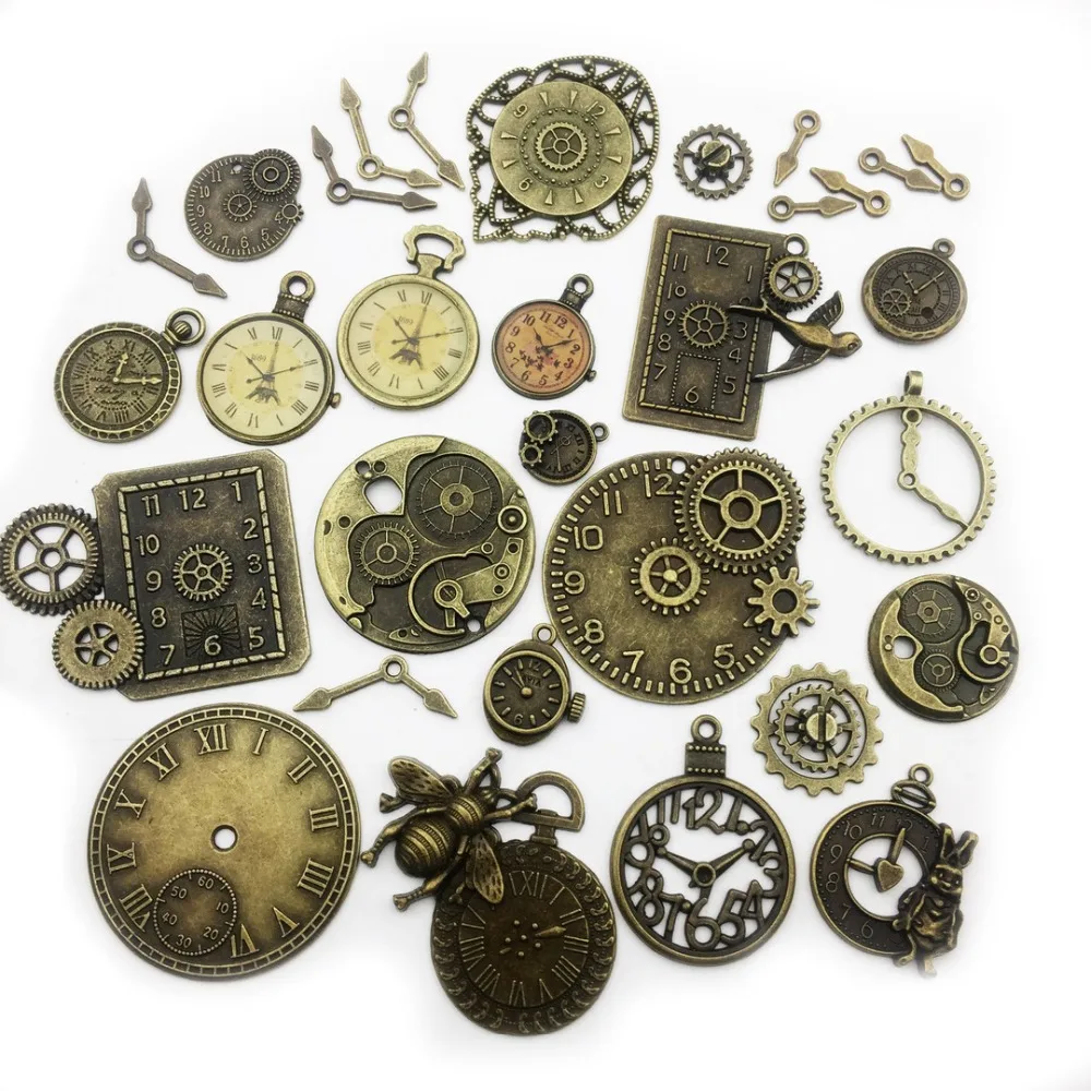 

30pcs Antique Bronze Mix Skeleton Steampunk Clock Face Watch Gear Pendant Charms For DIY Jewelry Necklaces Pendants Making