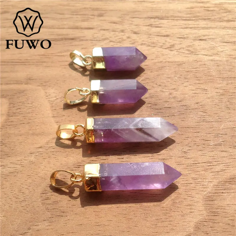 FUWO Wholesale Natural Amethysts Point Pendants,Bullet Shape Purple Crystal Accessories For Women DIY Jewelry Making 5Pcs PD117