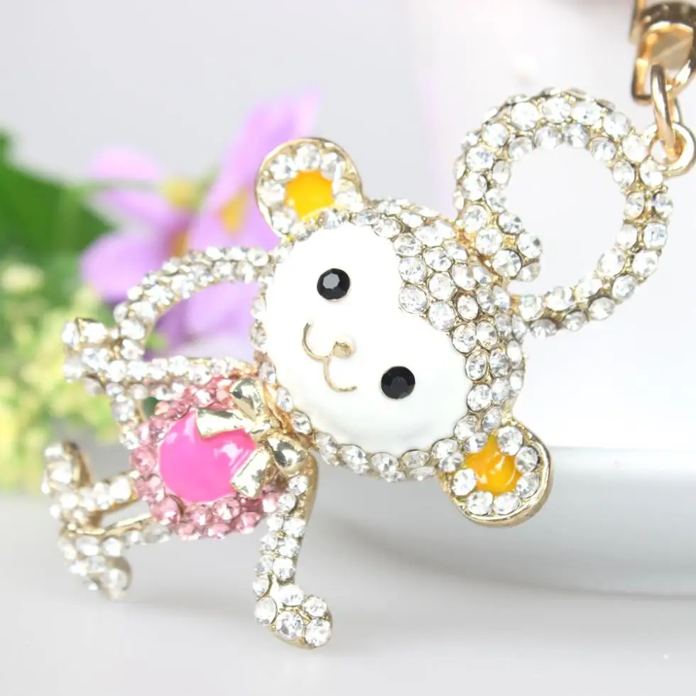 Long Tail Monkey Lovely Fashion Cute Rhinestone Crystal Purse Bag Key Chain Accessories Gift For Lovely Lady