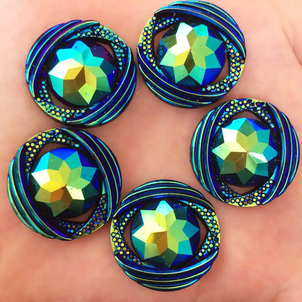 New 6pcs 25mm AB Resin Round FlatBack Flower Rhinestone Embellishment 2 Hole Buttons R86