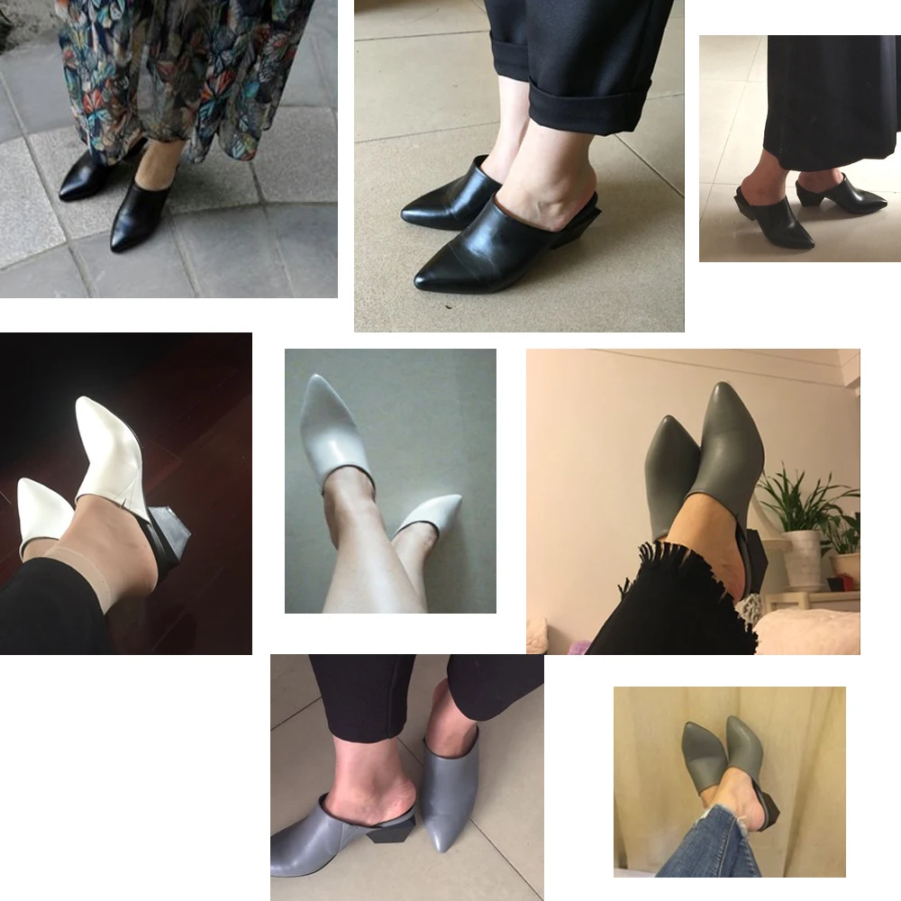 Mules Slippers Genuine Leather Pointed Toe Strange Square High Heel Spring Autumn Women Shoes Gray Black White HL032 MUYISEXI