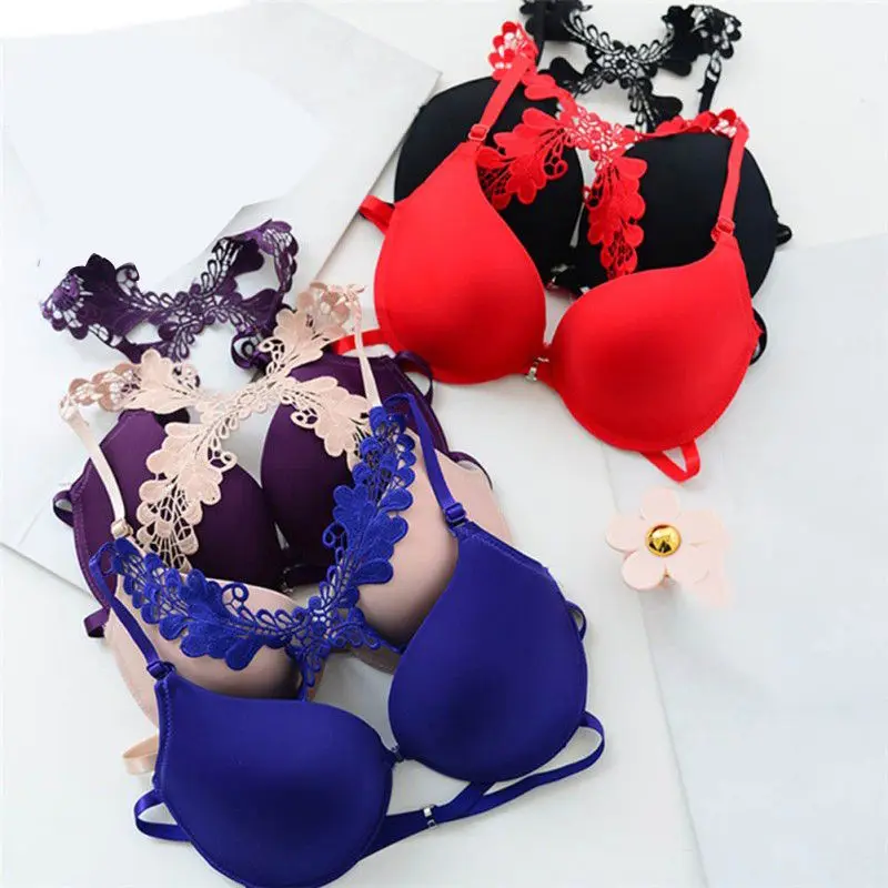 Sexy Women Bra Front Closure Lace Racer Back Smooth Surface Push Up Underwear Lingerie Sujetador