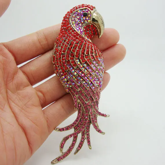 Gold Tone Parrot Bird Pendant Brooch Pin Red  Crystal Rhinestone