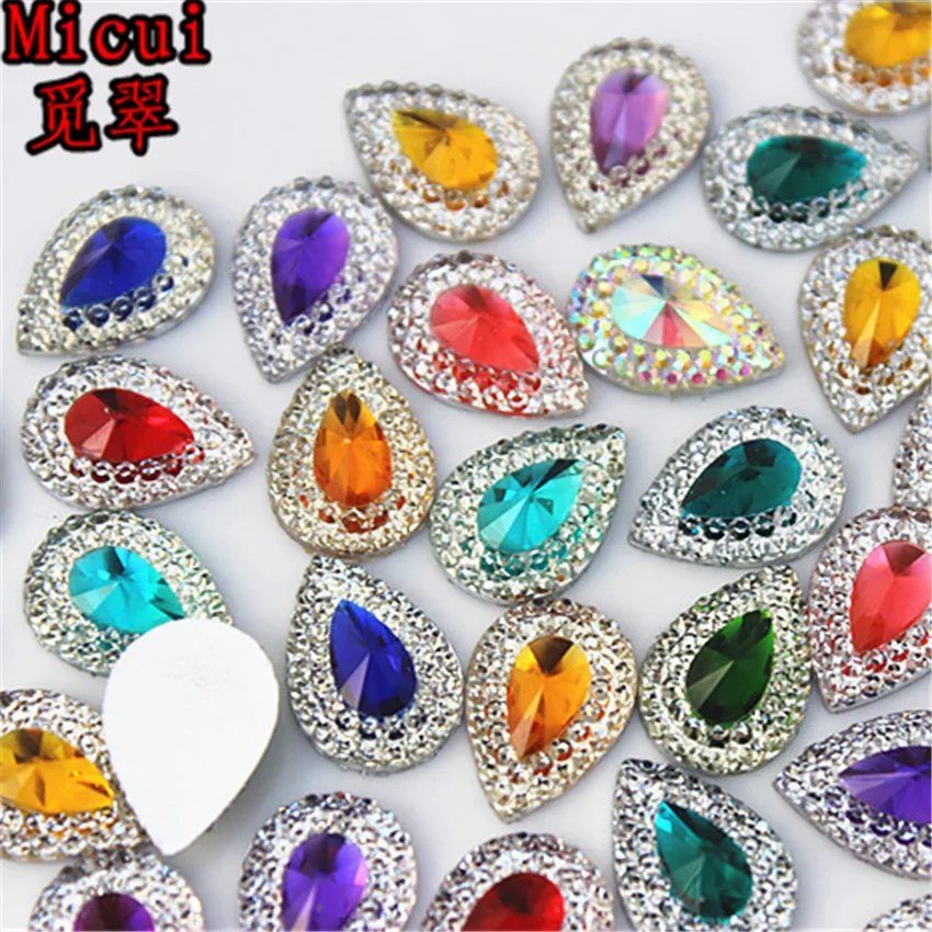 Micui 50pcs 10*14mm Colore Misto di Goccia In Resina Strass di Cristallo Della Resina Album di Nozze Appliques FAI DA TE MC284