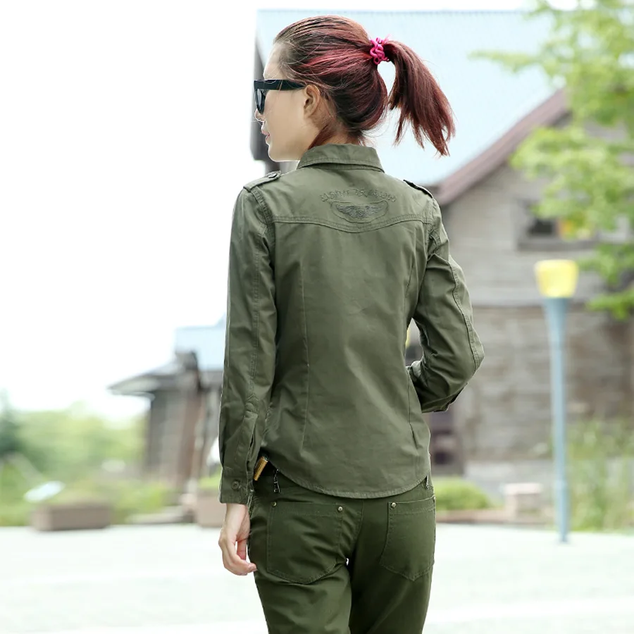 2024 Army Green Shirt Ladies Cotton Long Sleeve Badge Military Uniform Slim Blouses Plus Size 4XL 5XL Women Clothing