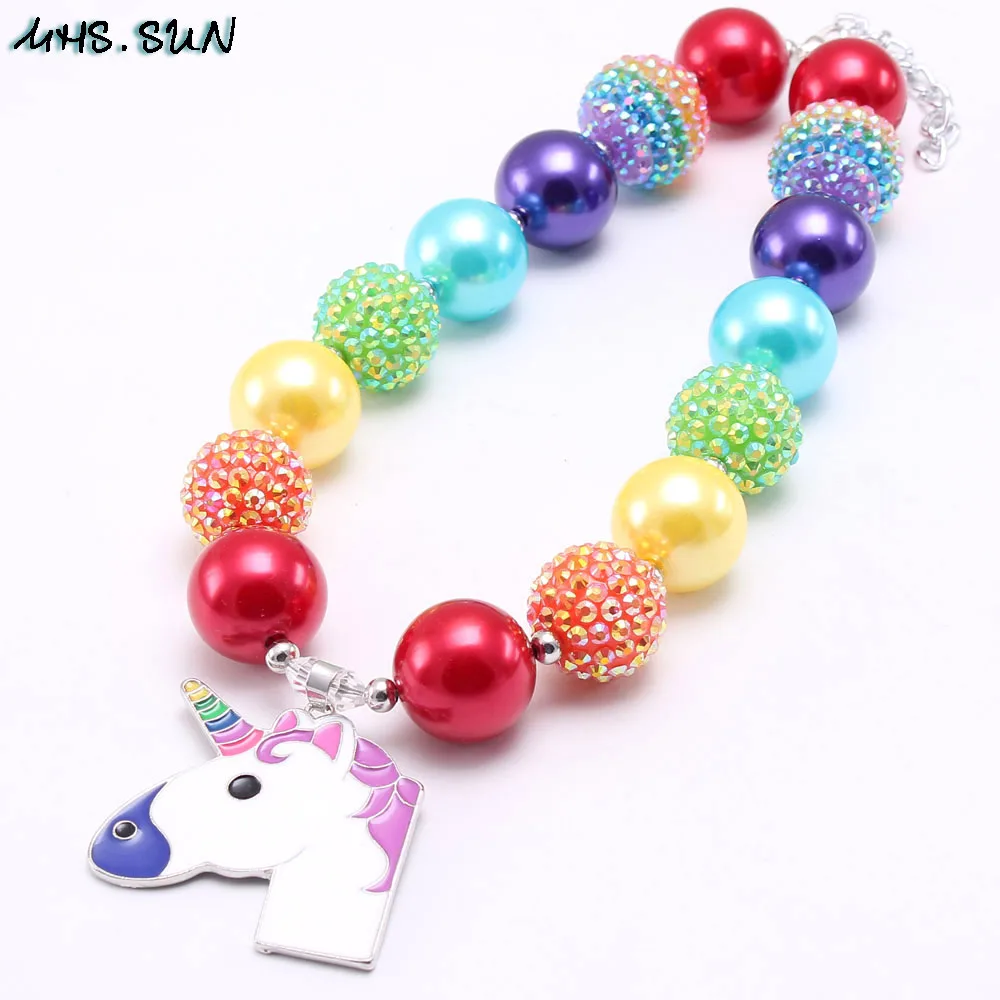 MHS.SUN Christmas Gift Kids Handmade DIY Chunky Bubblegum Beaded Necklace Fairy Unicorn Pendant Charms Necklace For Baby Jewelry