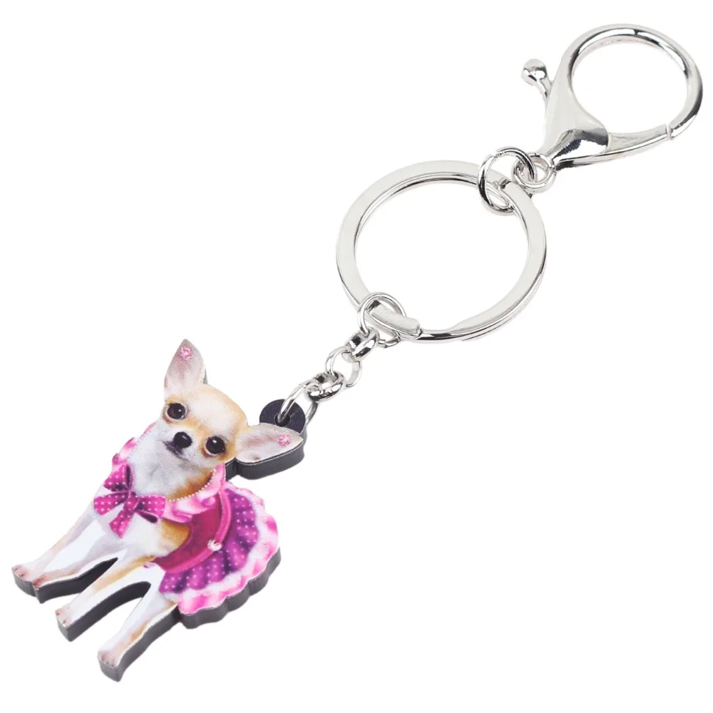 Bonsny Acrylic Cute Pink Dress Chihuahua Dog Key Chains Keychain Rings Animal Jewelry For Women Girl Ladies Handbag Car Charms