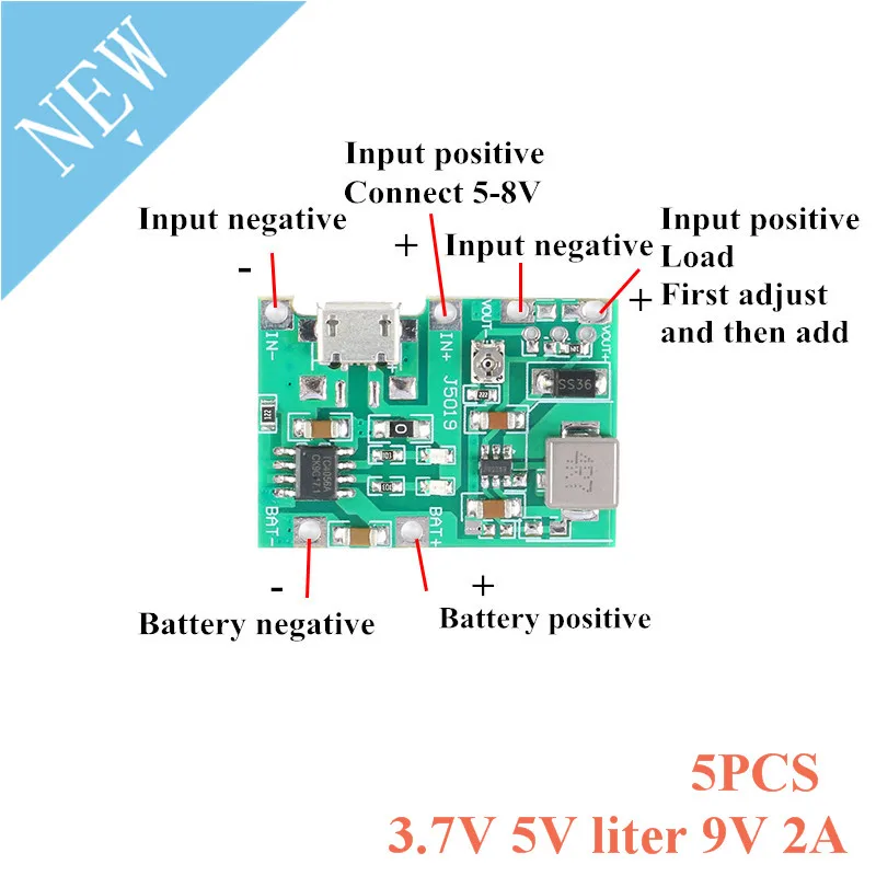 5 pces 3.7v 5v litros 9v 2a ajustável step up módulo impulso 18650 bateria de lítio carregamento módulo de descarga para multímetro