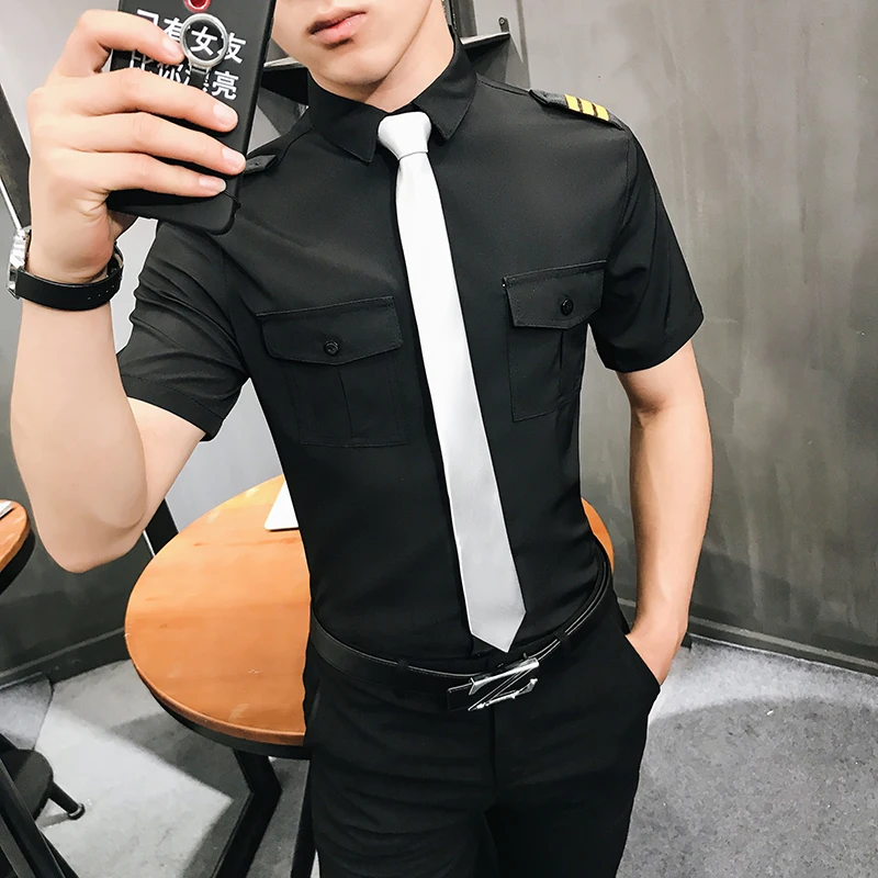 Men White Pilot Uniform Shirt Short Sleeve Slim Fit Lightweight Summer Aviation Dress Shirt Men Captain Office Cosplay Clothes