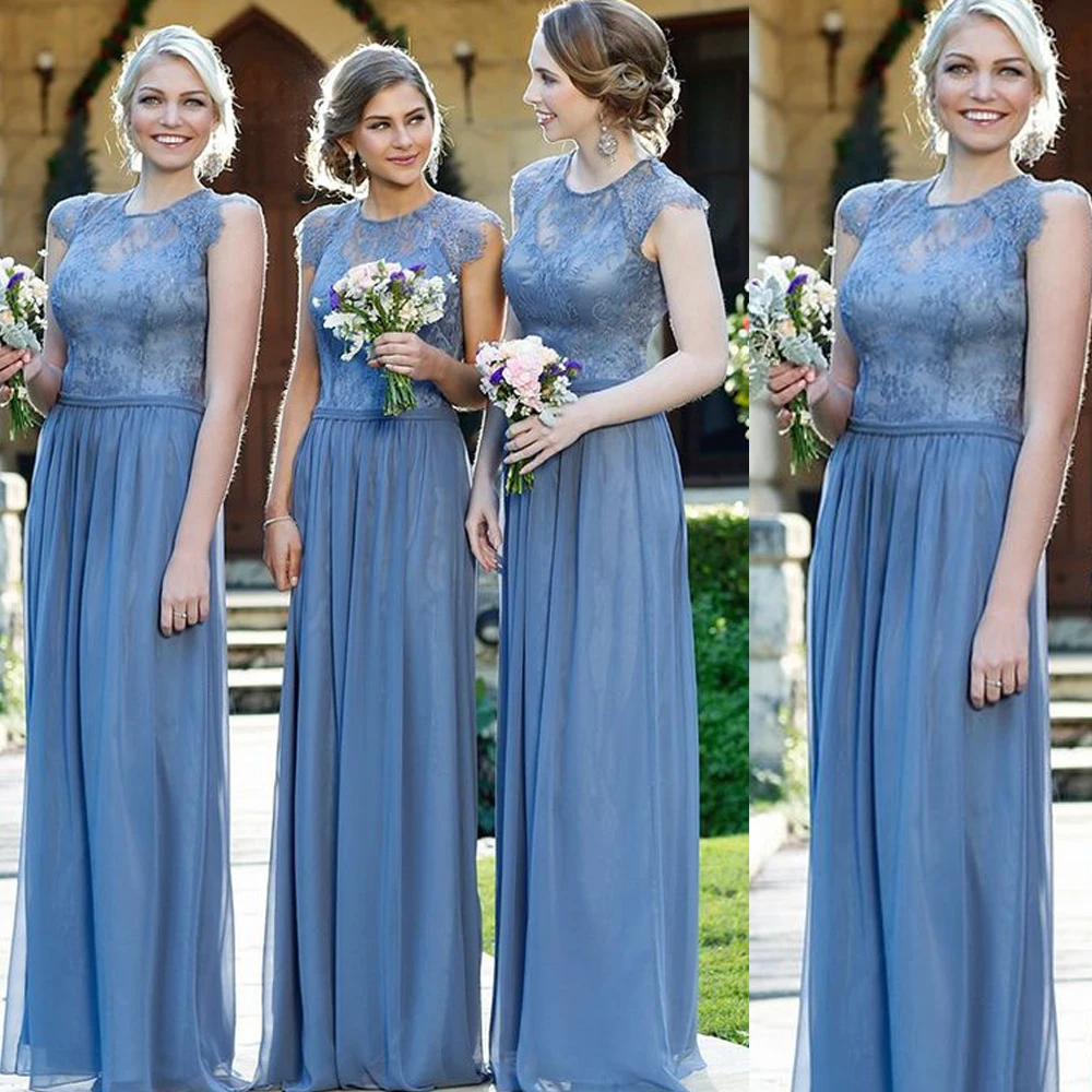 

superkimjo lace bridesmaid dresses crew neckline backless a line chiffon floor length long maid of honor dresses cap sleeve