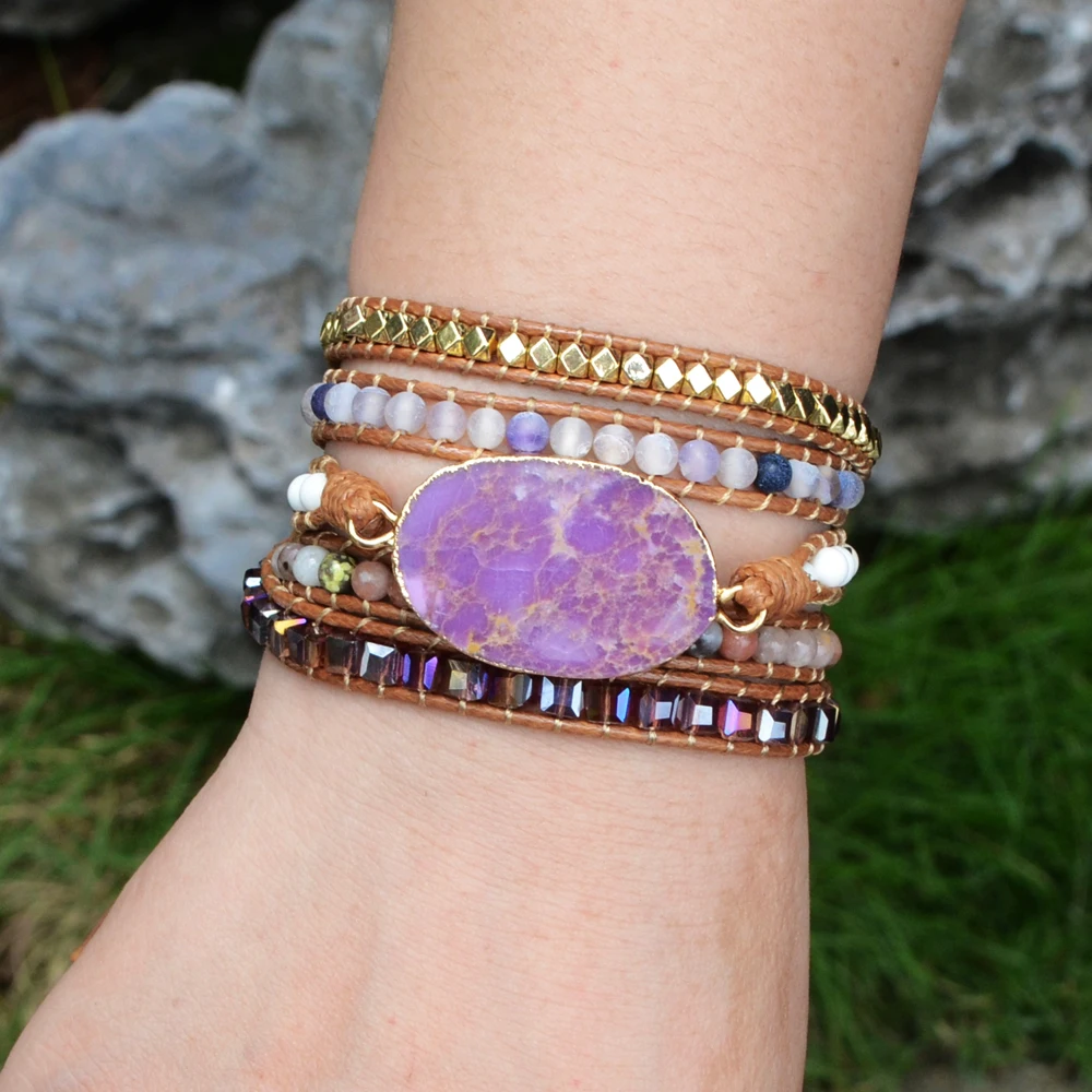 Natural Sugilite Bracelet Gemstone Charm Bracelet Handmade 5 Layers Wrap Leather Bracelet for Women Gift Jewelry