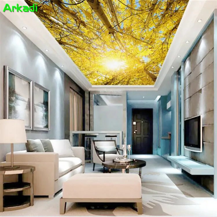 

3D three-dimensional custom mural living room bedroom ceiling KTV hotel guesthouse roof wallpaper wallpaper gold forest photo