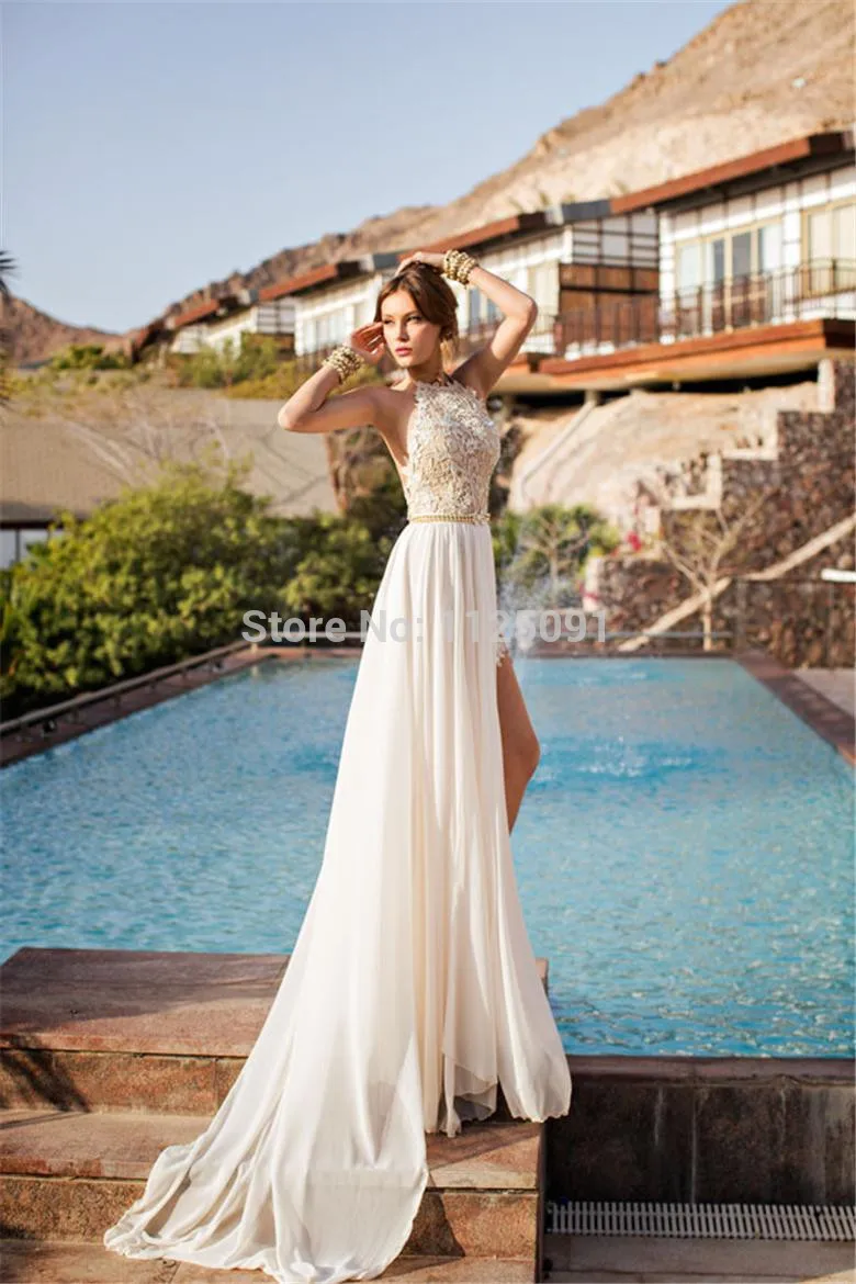 New Arrival Sexy White Chiffon Beaded Appliques Lace Wedding Dress Long Halter Side Slit Spring Bridal Gowns Fast Delivery